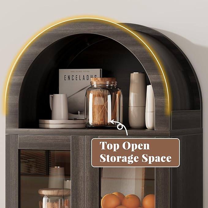 71” Tall Arched Pantry Cabinet with Glass Door, Display Cabinet Organizer, Versatile Pantry with Top-Opening Storage Container for Living, Kitchen Dining Room, Black