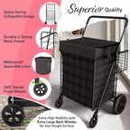 Shopping Cart w/Waterproof Basket Liner & 360° Swivel Wheels | Foldable Collapsible & Lightweight | Perfect for Groceries Laundry Utility Cart - Black