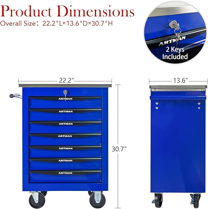 7-Drawer Heavy-Duty Rolling Tool Chest with Wheels & Steel Roof, Lockable Tool Chest Storage Cabinet for Garage, Workshop, Warehouse, and Repair Shop