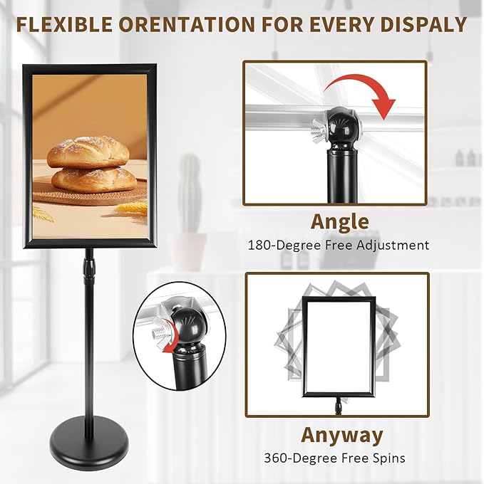 6Packs 11x17 Inch Adjustable Pedestal Poster Sign Stand, Heavy Duty Floor Standing Sign Holder Stand Aluminum Swivel Frame for Vertical and Horizontal View Sign Displayed for Foyer, Reception Area, Restaurant, Black