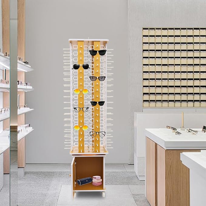 Sunglasses Display Stand, 144 Pairs Wooden 360° Rotating Sunglass Eyeglass Holder Organizer, Glasses Hanger Storage Rack for Retail Commercial Display, W14.6*H66.1in (Brown)