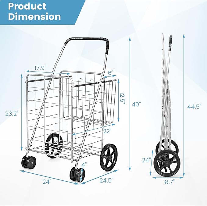 HOMGX Flat Folding Shopping Cart, 130 LBS Heavy Duty Utility Cart W/ 360° Swivel Front Wheels, 24" x 23" x 40" Foldable Grocery Cart for Laundry, Shopping, Groceries