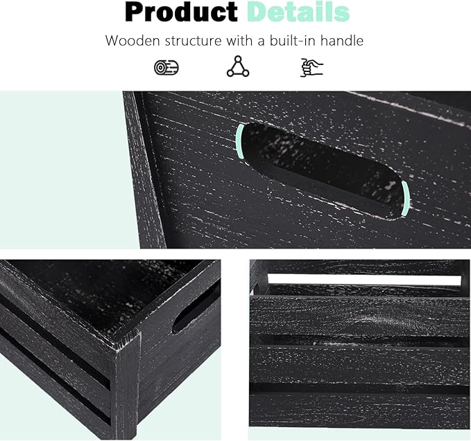 Storage Crates 3 Pack Wooden Nesting Crates with Handles,Rustic Storage Container Boxes,Farmhouse Decorative Baskets for Storage,Display,Decor,Black