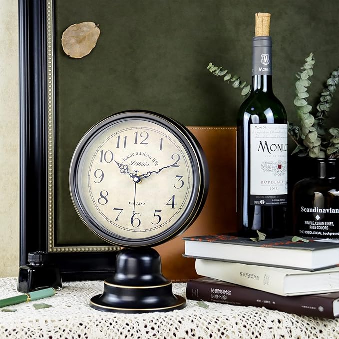 Mid Century Modern Desk Clock - Vintage Tabletop Metal Clock for Bedroom, Kitchen, Office, Living Room - Silent Decor - Battery Operated - Black