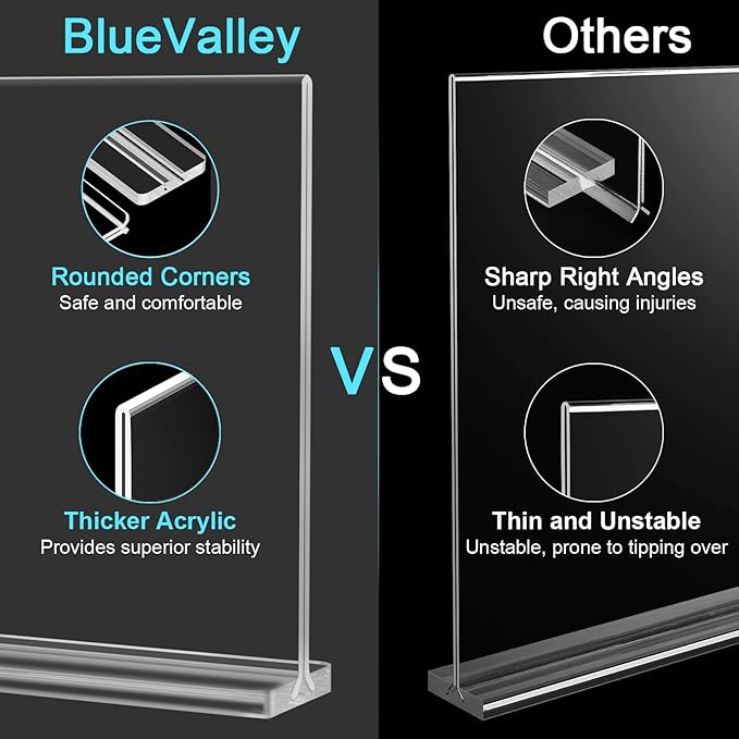 BlueValley Acrylic Sign Holder 7x5 - Double Sided Sign Stand Clear Paper Display Holder for Menu, Flyer, Document or Picture | Desktop Plastic Frame for Office, Store, Restaurant, Show Fair - 6 Pack