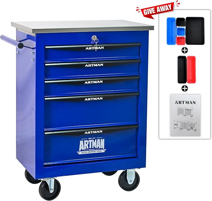 5 Drawer Rolling Tool Chest with Locker, 22.2" D Metal Movable Lockable Tool Cart Box Multi-Functional Hardware Storage Cabinet Box for Warehouse Basement Home Pantry Garage
