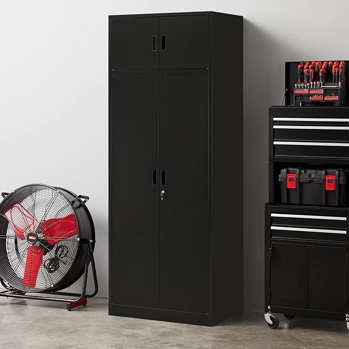 BESFUR Metal Storage Cabinet 87" H,Tall Locking Storage Cabinets with Top Cabinet and 4 Adjustable Shelves for Home Office, Garage,School, Apartment, Warehouse, Utility Room，Black
