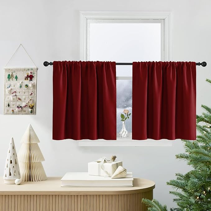 PONY DANCE Short Curtains for Small Window - Home Decoration Rod Pocket Solid Country Curtains for Kitchen/Bedroom, 42-inch x 30-inch, Red, Set of 2