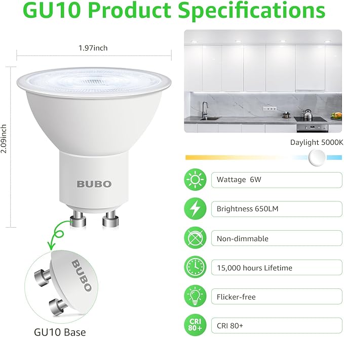 BUBO GU10 LED Bulb 6W Equivalent 50W, 5000K Daylight 650 Lumens, Non-Dimmable GU10 Bulb Replacement for Track Lighting, MR16 LED Bulb for Kitchen, Range Hood, Living Room, Bedroom, 6 Pack