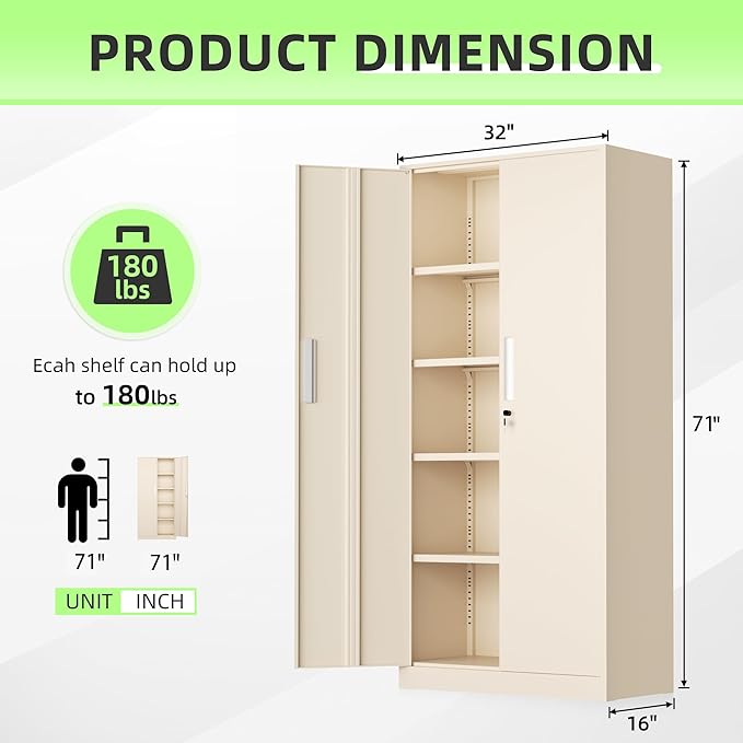 INTEGREAT Metal Storage Cabinet,71" Grey Office Metal Cabinet with Locking Doors and Adjustable Shelves,Steel Locking Cabinets for Office,Home,Garage,Gym,School