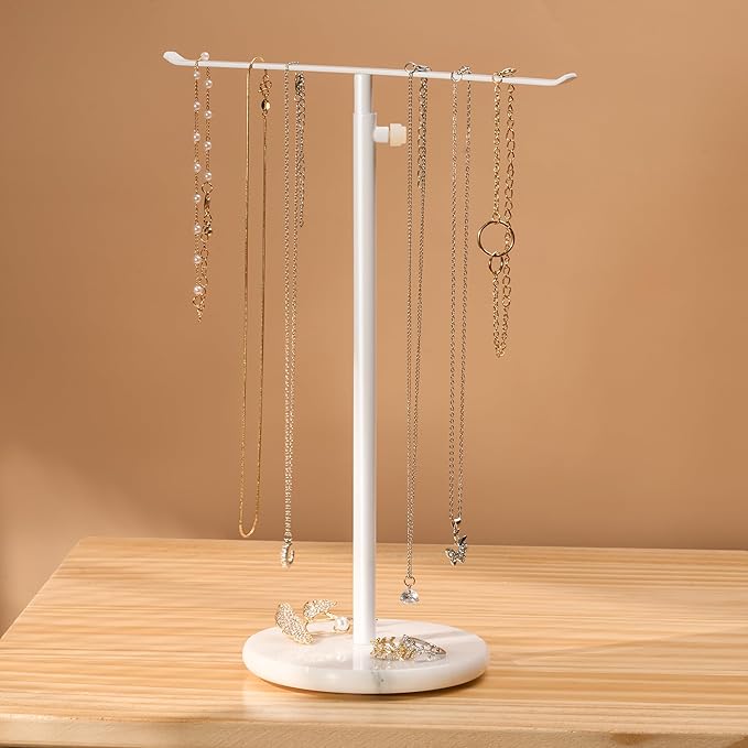 White Necklace Holder Jewelry Organizer Stand – Adjustable Height T‑Bar Jewelry Display with White Marble Base, Necklace & Bracelet Holder, Countertop Jewelry Tree