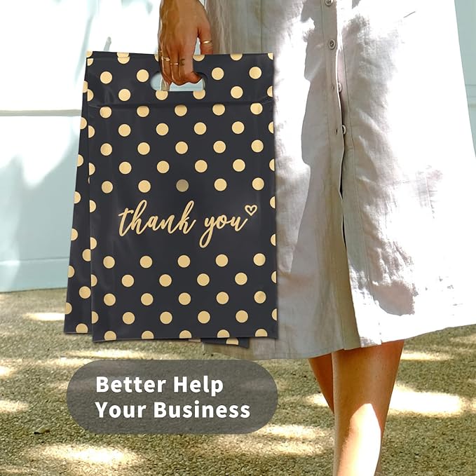 JinRuiKJ Poly Mailers with Handle 10x13 Inch 25 Pcs, Easy to Carry Packaging Bags for Small Business, Thank You Shipping Bags with Self Adhesive Strip, Tearproof and Waterproof - Gold Polka Dot