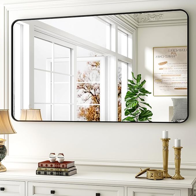48"x36" Black Bathroom Mirror - Modern Black Mirror for Wall with Rounded Corners, Bathroom Mirrors for Vanity, Aluminum Alloy Framed Mirror Portrait or Landscape Hang, Horizontal or Vertical