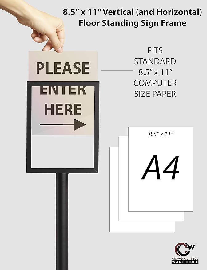 Crowd Control Warehouse Pedestal Standing Floor Sign Frame with Sloped Base, 8.5x11 Inch Horizontal, Polished Brassl