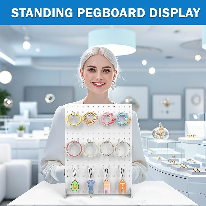 2 Pcs Metal Pegboard Display Stand with 24 Peg Hooks for Retail Crafe Shows&Fairs,White Merchandise Display Rack for Seling Accessories,Display Stands for Boutique,Stores(16*12 inch)