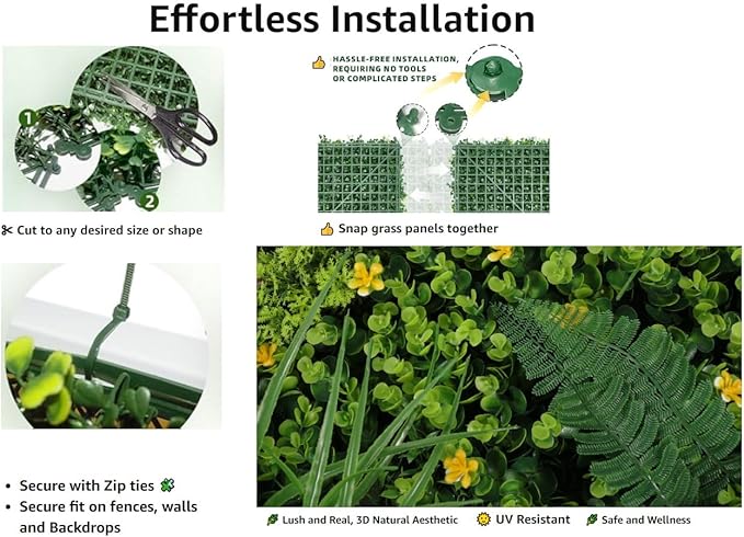 Artificial Grass Wall Panels for Indoor Outdoor, 40"x40" (11.09 Sq.Ft), 3D Boxwood Panels, Greenery Wall Backdrop for Home Living & Wedding Event Decor with DIY 60 PCS Flower,100 PCS Zip Ties