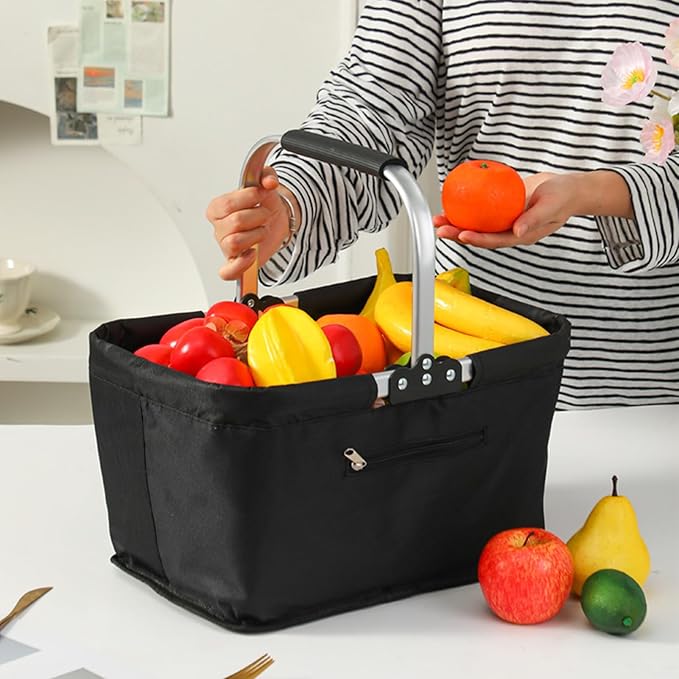 Shopping Bag Basket - 26L Foldable Grocery Storage Container, Market Shopping Basket for Supermarket, Camping, Picnic, Travel, Home, Farmhouse, Kitchen, Stores, & Daily Errands with Easy Collapse a