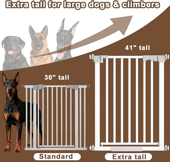 41'' Extra Tall Baby Gate for Large Dogs Pets Indoor No Jumping Over, 30-32.6'' Wide Heavy Duty Puppy Gate for Doorways, Pressure Mounted Metal Gate for Child Toddler No Tools Needed(White)