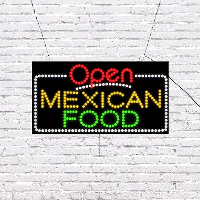 LED Mexican Food Open Sign for Retail Business Displays | Advertising Electronic Light Up Sign for Windows Walls | 17"h x 31"w x 2"d