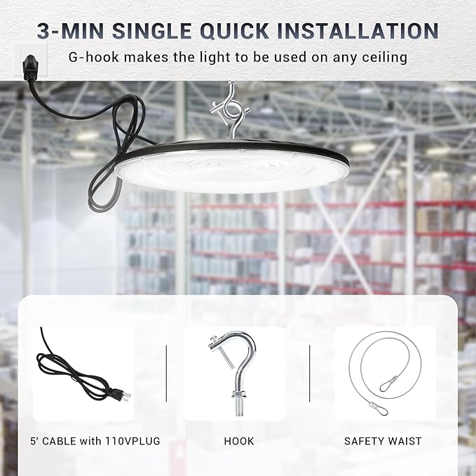 6 Pack 300W UFO Led High Bay Light,120VAC,5000K Daylight Commercial Bay Lighting,IP66 Waterproof,45050LM,1300W MH/HPS with Plug Area Lighting for Warehouse/Shop/Workshop/Barn/Gym/Factory