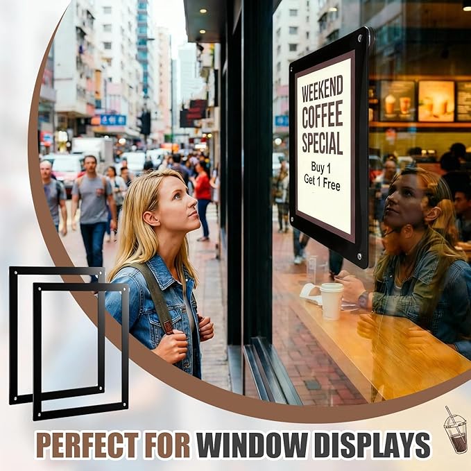 Thyle 2 Pack 8.5 x 11 Acrylic Window Sign Holder with Suction Cups and Black Frame, Clear Acrylic Frames Glass Door Wall Mount Advertising Signage Sign Holder for Mall, Office, Home, Store, Restaurant