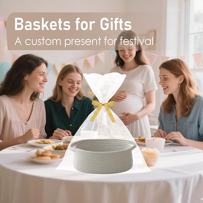 Woven Basket,Small Rope Storage Bin with Handles & Ribbon Bag, Organizer for Shelves Closets,Gift Basket Empty for Birthday,Books,Dog Toys, Grey
