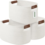 Cotton Rope Basket, Storage Baskets with Handle, 15x10x9 Inch Woven Basket for Shelves, Laundry, Towels, Clothes, Books (White 3Pack)