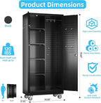 Garage Storage Cabinet with Wheels and 5 Pegboard, Metal Storage Cabinets with 2 Doors and 4 Shelves, Broom Closet Storage Cabinet with Hanging Rod and 13 Hooks, 70.87" Hx33.5 Wx17.7 D, Black