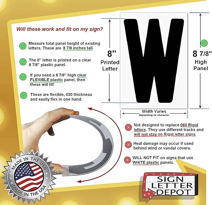 Marquee Letters for Portable Road Signs - 8 Inch Black Letters, Red Numbers on 8 7/8 Inch Flexible 030 mil Panel, Sign Letter Depot - Made in USA