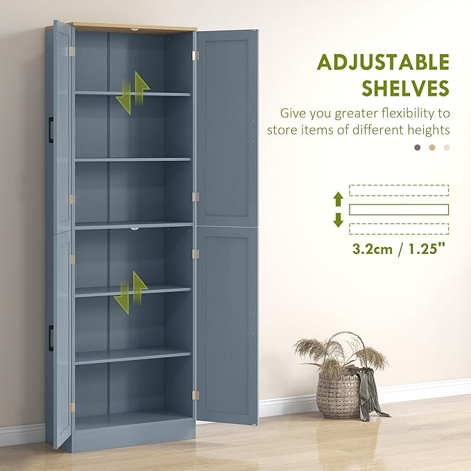 HOMCOM 67" Freestanding Kitchen Pantry, 4-Door Storage Cabinet Organizer with Adjustable Shelves, Kitchen Cabinet with Doors and Shelves, Distressed Gray