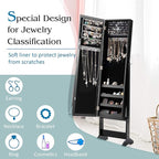 Giantex Jewelry Cabinet with Full-Length Mirror, Standing Jewelry Armoire Organizer with 64 Earring Slots, 72 Ring Slots, 20 Necklace Hooks, 4 Storage Shelves, 3 Angle Adjustable (Black)