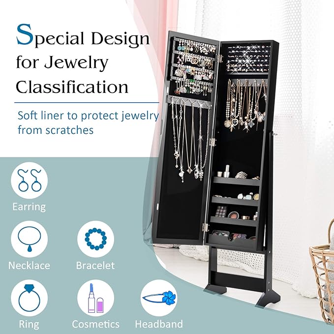 Giantex Jewelry Cabinet with Full-Length Mirror, Standing Jewelry Armoire Organizer with 64 Earring Slots, 72 Ring Slots, 20 Necklace Hooks, 4 Storage Shelves, 3 Angle Adjustable (Black)