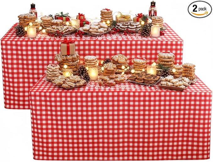 HolidayIdeas Fitted Checkered Christmas Tablecloths for 6 Foot Tables - 72 x 30 Inch - 2 Pack Rectangle Buffalo Plaid Table Cover for Parties,Trade Show (Red and White)