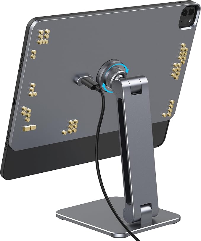 Magnetic iPad Stand with Wireless Charging, 18W Fast Charger, Suction Cup Base, 360° Rotating Panel & Foldable, ONLY for iPad Pro12.9” (M2/M1/4th/3rd) & Air13” (M3/M2), Work/Study Desk - Gray