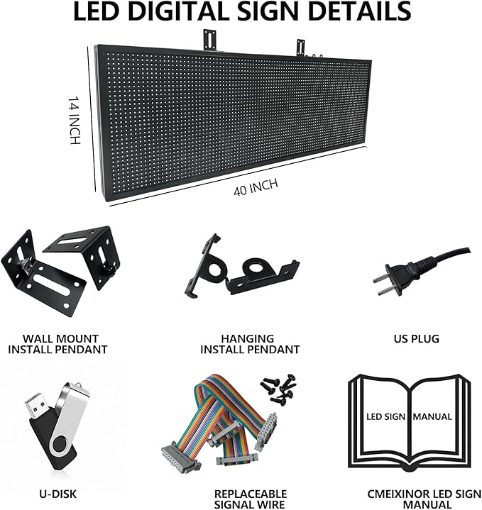 P10 Outdoor/Indoor Programmable LED Sign, 4000CD/㎡ High Brightness Scrolling Display, WiFi Control, Customizable Message Board for Business Advertising, Restaurants, Stores, Bars 40"x14"