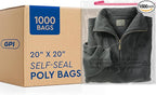 1000 Count - 20" x 20" Extra-Large Self Seal Poly Bags with Suffocation Warning, 1.5 Mil, Clear Polybags with Resealable Adhesive Strip for Shipping & Packaging Clothing, T Shirts & Sweaters. GPI