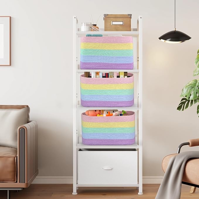 Shelf Woven Storage Basket, 15 x 10 x 9” Closet Rope Baskets For Organizing, Square Bins with Handles, Rainbow 1 Pack