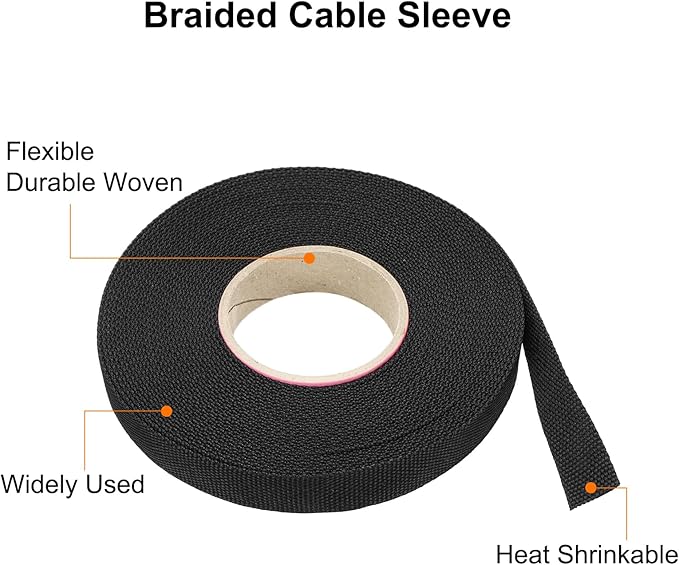 MECCANIXITY Braided Cable Sleeves Heat Shrinkable Fabric Sleeving, 1/2" 40ft Black 2:1 Ratio Heat Shrinkable Cord Protector for Harness Cable, Network Cable Protection, Cable Management
