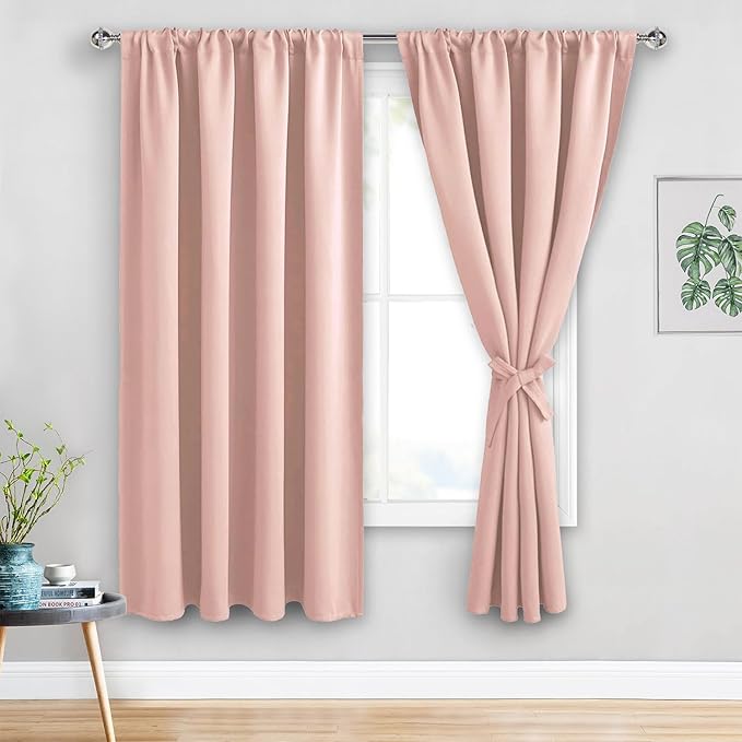 JIUZHEN Blush Pink Blackout Curtains for Bedroom - Thermal Insulated Room Darkening Noise Reducing, 52 x 63 Inch Length Curtains for Living Room, Set of 2 Panels with Tiebacks, Blush Pink