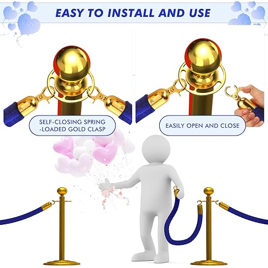 Woanger 6 Pack Velvet Stanchion Rope, 5 Feet Crowd Control Stanchion Ropes Safety Barrier with Gold Plated Hook for Carpet Events Movie Theaters Grand Openings Hotels Party(Blue)