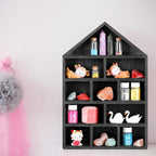 House Shaped Wooden Shadow Cubby Box 10 W x 2 1/4 D x 15 H Hanging Display Shelf Organizer Wall Mounted Curio Cabinet Wooden Display Case Miniature Shelf for Figures(Black)