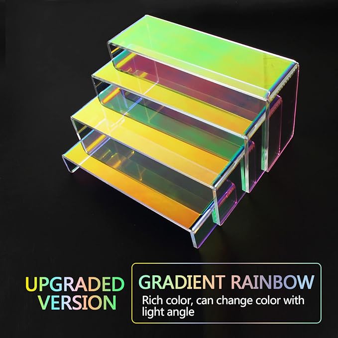 ELEGANTLIFE Acrylic Display Riser,4.3mm Heavy Duty Crystal Display Stand Shelf Layered Aesthetic, Jewelry Display Shelf Risers for Décor,4 Pack Set Multi-color (Iridescent)