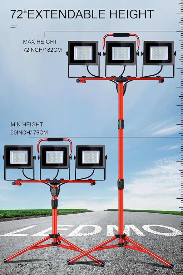 LEDMO 30000LM LED Work Lights with Stand 3 Adjustable Head Led Work Shop Flood Lights Indoor and Outdoor 150W 6000K Portable Tripod IP65 Waterproof 10Ft Power Cord for Job Stie,Yard,Garage 2 Pack