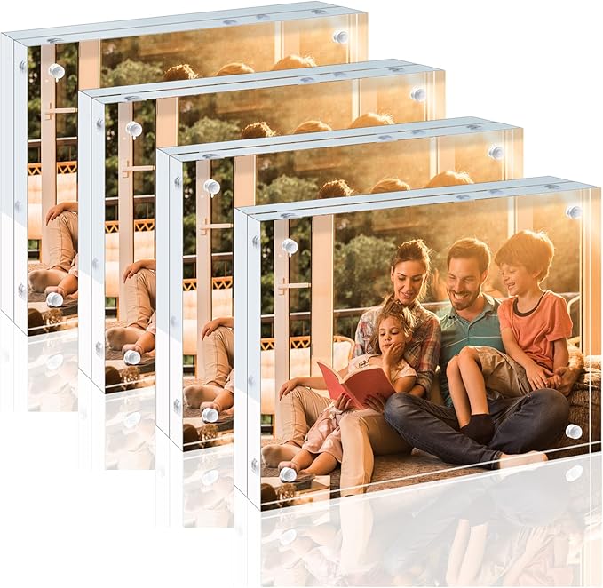 Egofine 5x7 Acrylic Frames 4 Pack, 20mm Thicker Frameless Clear Picture Frames, Double Sided Magnetic Picture Frames, Free Standing Desktop Display