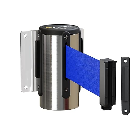 Montour Line WM115 Wall Mounted Retractable Belt Barrier with Standard Belt End, Fixed Mount, Polished Stainless Steel Casing (8.5 ft Blue Belt)