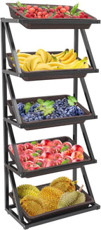 Fruit Vegetable Storage Basket,Kitchen Organizers 5 Tier Basket Stand Storage Baskets Market Shelf for Kitchen Store (Brown)