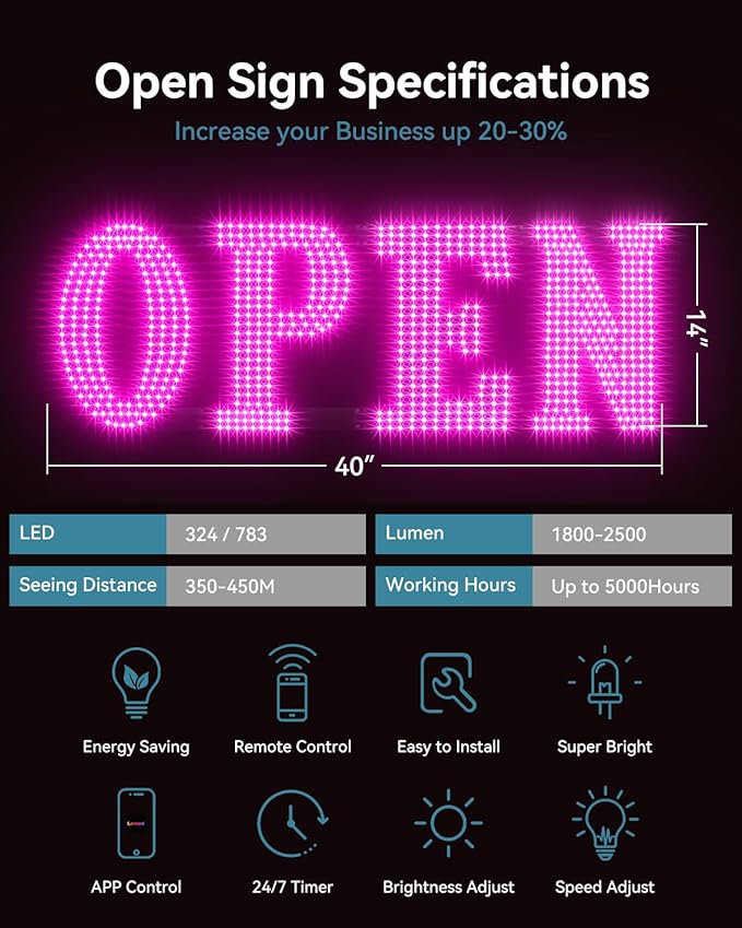 40"x14" Large LED Open Sign with Bluetooth Remote Control Super Bright Dimmable Business Open Sign for Storefront Window Bar Salon Cafes Retail Shops Pink
