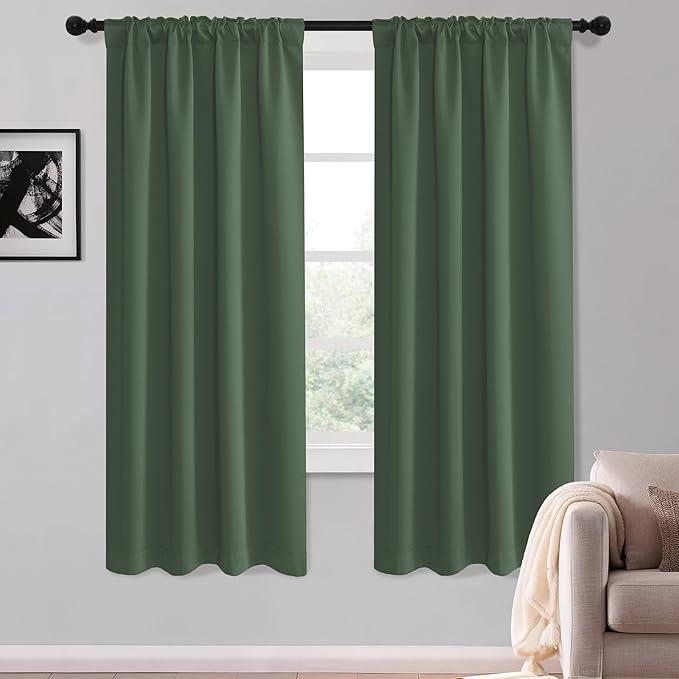 KGORGE Dark Green Curtains 63 inch Length, Privacy Thermal Insulation Room Darkening Noise Reducing Drapes for Bedroom Nusery Living Room, Back Tab Rod Pocket, W52 x L63 inches, 2 Panels