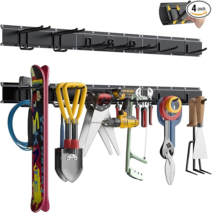 Garage Tool Organizer Wall Mount with 48 inches Rails and 7 Adjustable Heavy-Duty Hooks, Garden Tool Organizer, 10 Pack Carries 440 lbs, Heavy Duty Garage Storage Rack For Yard, Shed, Easy to install