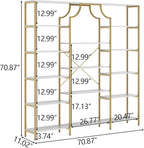Loomie Triple Wide Bookshelf, 70.87" W/H Large Tall Etagere Bookcase, Modern 13-Open Shelves Geometric Bookshelf, Display Storage Metal Book Case, for Bedroom, Home Office & Living Room, Gold & White